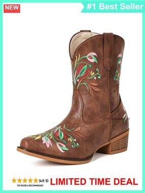 Western Cowboy Ankle Boots Flower Embroidered Block Heel